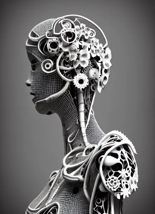 Image similar to black and white 3 d model, biomechanical female cyborg with porcelain profile face and a big floral eye, big leaves foliage and stems, morning glory flowers, hibiscus flowers, boho floral vines, sinuous fine roots, fine filigree foliage lace, alexander mcqueen, rim light, art nouveau fashion pearl embroidered, steampunk, redshift render, 8 k