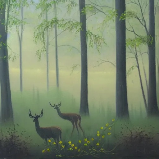 Image similar to an oil painting of a foggy forest with a spring and a deer