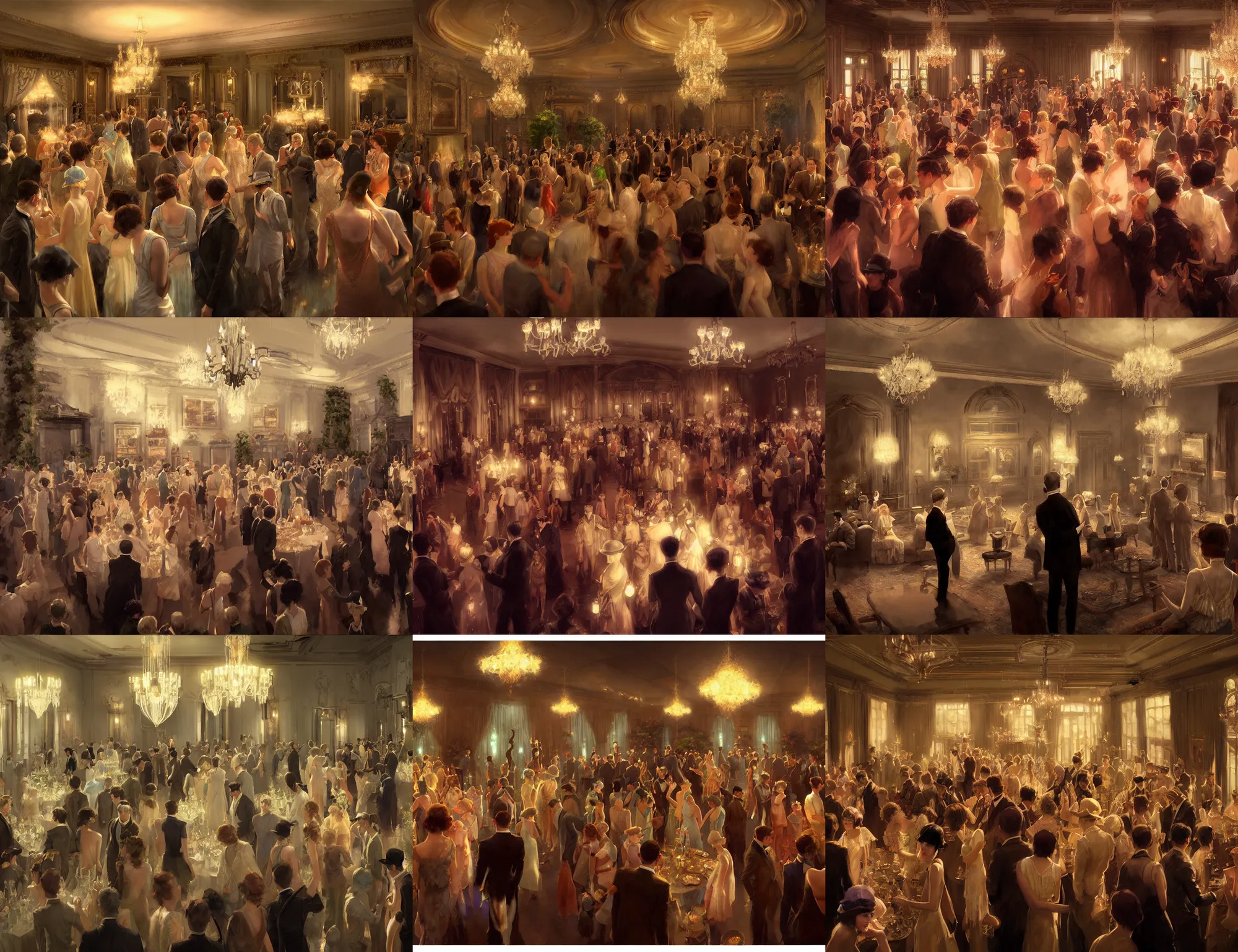 Prompt: craig mullins and ghibli digital and james gurney detailed digital painting of a 1 9 2 0 s grand party in a beautiful mansion, many partygoers, strong contrast, unreal engine, hyper realism, realistic shading, cinematic composition, realistic render, octane render, detailed textures, photorealistic, very wide shot, 3 5 mm film