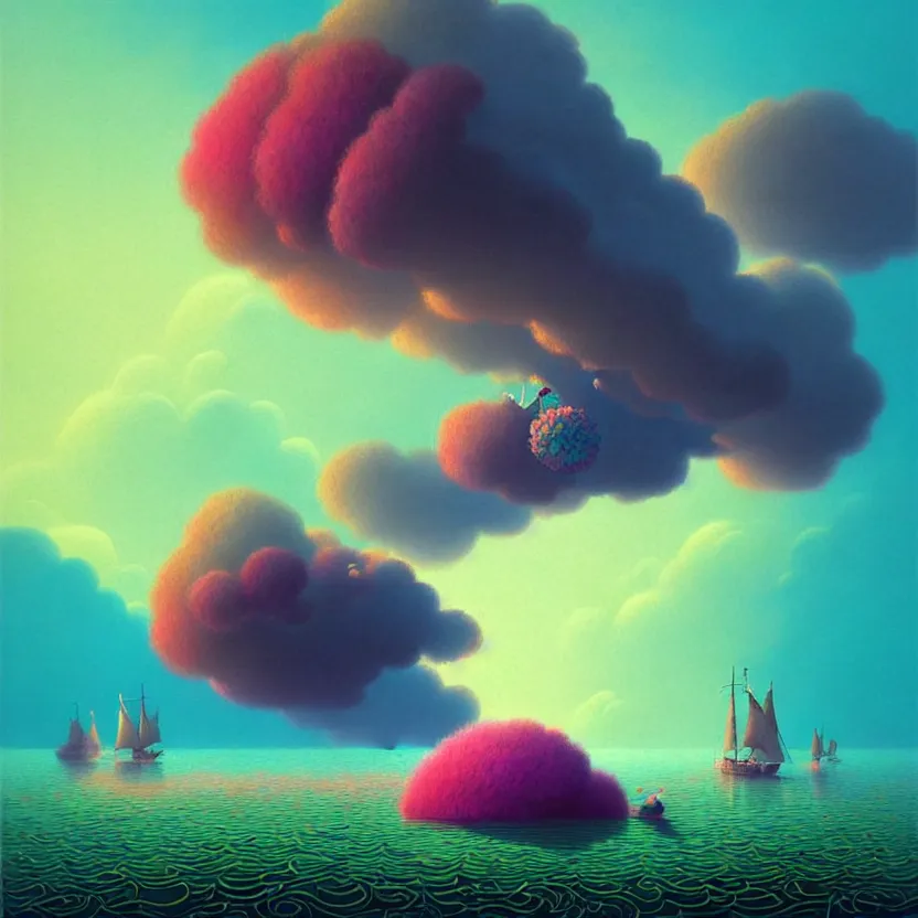 Image similar to sea cloud, summer morning, very coherent and colorful high contrast, art by! gediminas pranckevicius! geof darrow, pastel color, volumetric lighting, cinematic, floralpunk screen printing woodblock, dark shadows, hard lighting, stippling art