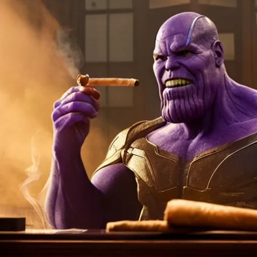 Prompt: photograph of Thanos smoking a cigar sitting in his dusty office, wooden desk, rich business vibes