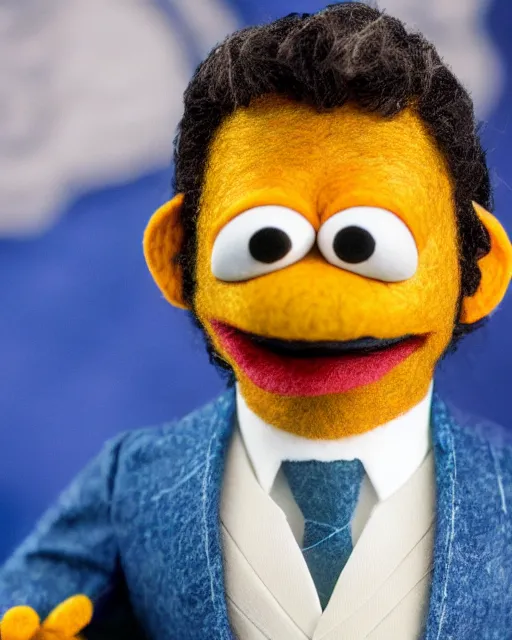 Image similar to oscar nunez with a suit as a muppet. highly detailed felt. hyper real photo. 4 k.