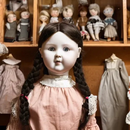 Image similar to human child standing in a victorian doll maker's shop looking at all of the dolls, 8 k, soft lighting, highly detailed realistic, face in focus