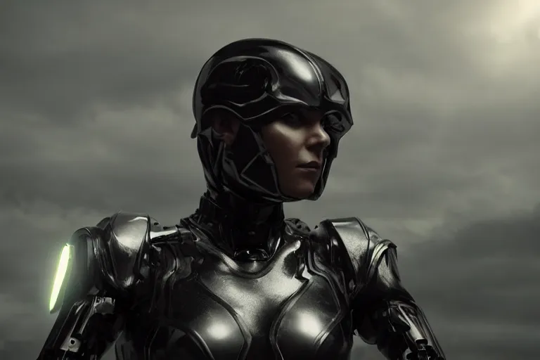 Image similar to VFX movie closeup portrait of a futuristic hero cyborg woman in black spandex armor in future city, hero pose, beautiful skin, night lighting by Emmanuel Lubezki