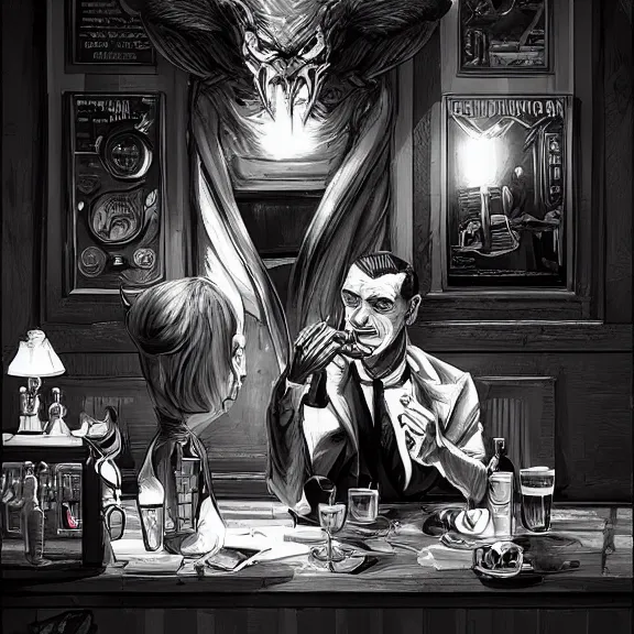 Prompt: the devil monster and a handsome gentleman sitting in a pub, film noir style, black and white and red colors, establishing shot, highly detailed, digital painting, artstation, concept art, smooth, sharp focus, illustration, Unreal Engine 5, 8K, art by artgerm, realistic painting