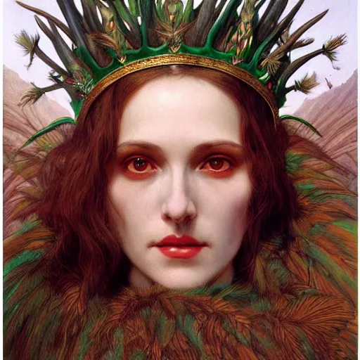 Image similar to a detailed portrait of a green haired brown eyed queen of feathers with an antler crown by wayne barlowe and mucha