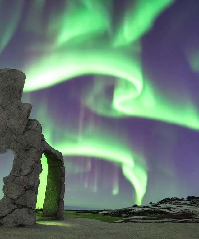 Image similar to stone gateway to another portal, green spiral light, aurora borealis, symmetrical, center focus, 2 0 0 mm, photorealistic