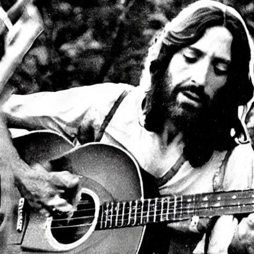 Prompt: Concert footage of Jesus playing guitar at Woodstock