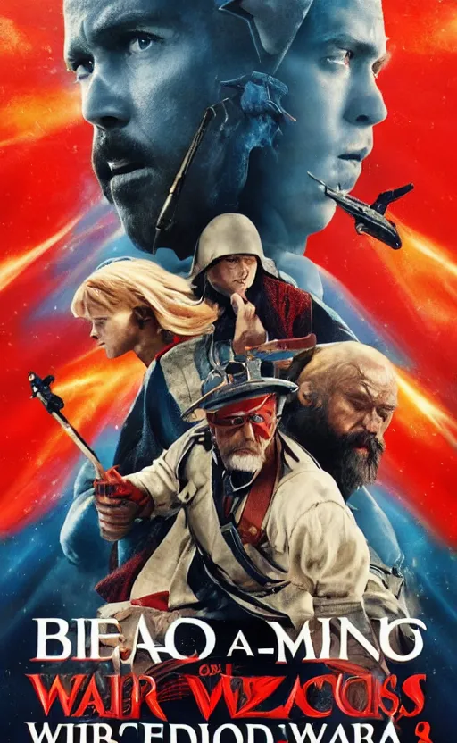 Prompt: a mind - blowing, epic movie poster, depicting a war between red and blue wizards, cinematic