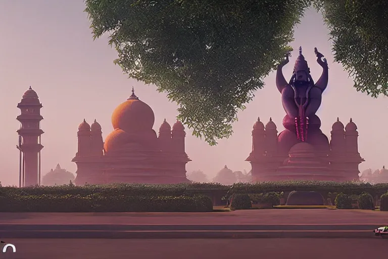 Image similar to beautiful futuristic new delhi, sharp sci - fi ganesha!! building, kalighat flowers, octane highly detailed cinematic, stephen shore & john j. park, soft morning light, wide shot, high angle, uhd 8 k, shallow depth of field