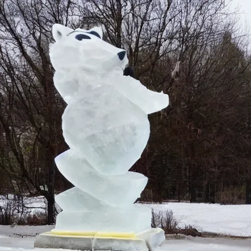 Prompt: an ice sculpture of a raccoon striking a heroic pose.