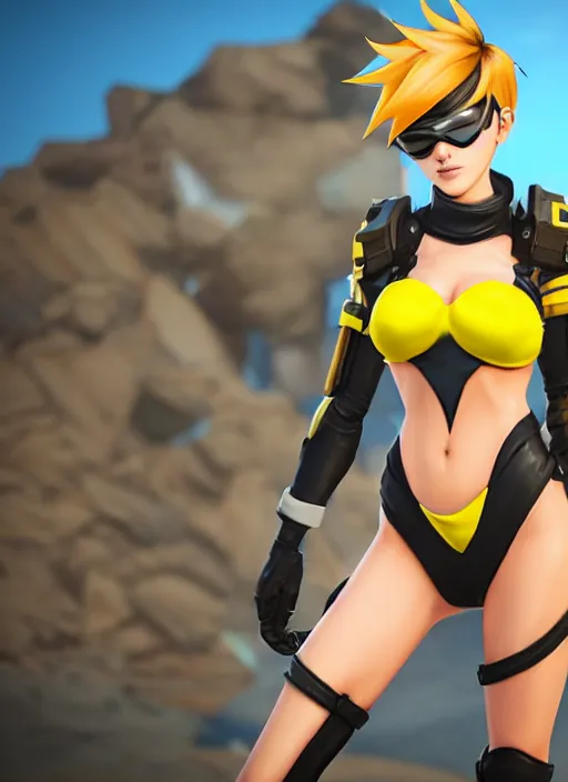 Image similar to tracer game character, in yellow bikini, blonde hair, black eyes, full height