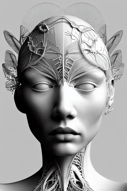 Prompt: bw 3 d render, stunning beautiful young biomechanical albino female cyborg with a porcelain profile face, angelic, rim light, big leaves and stems, roots, fine foliage lace, alexander mcqueen, art nouveau fashion embroidered, steampunk, silver filigree details, hexagonal mesh wire, mandelbrot fractal, elegant, artstation trending