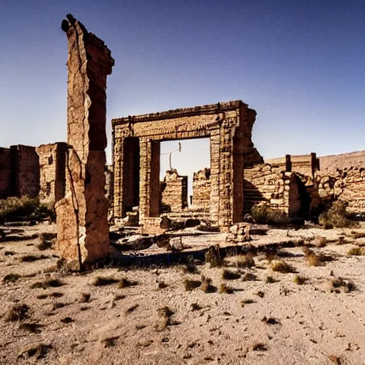 Prompt: Abandoned desert oasis ruins