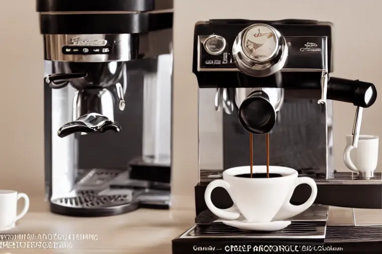Prompt: magazine quality photo shoot of beautifully displayed espresso, beans, coffee cups, milk, espresso machine