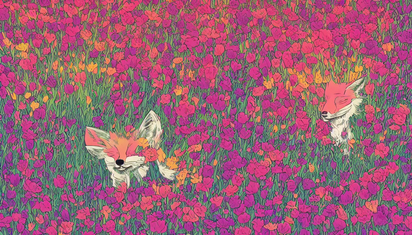 Image similar to pink fox head popping out of a field of multi colored flowers by Kilian Eng, minimalist, detailed