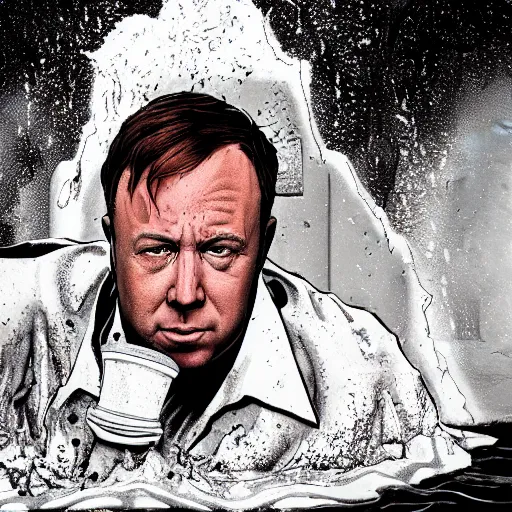 Prompt: Alex Jones drowning in a toilet full of mud in the style of Alex Ross, dramatic lighting, desktop wallpaper