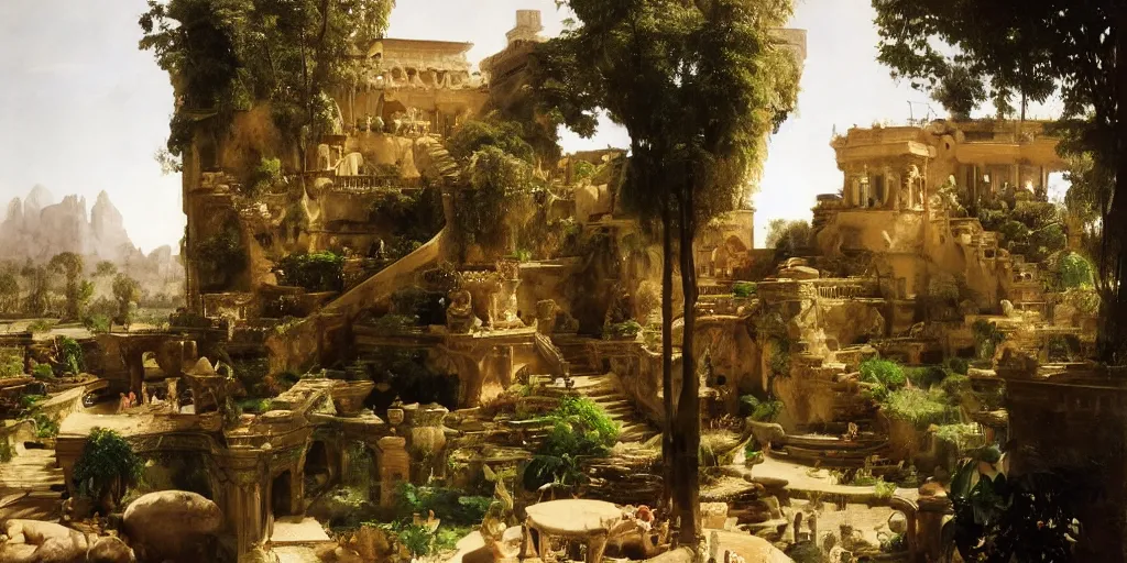 Image similar to beautiful landscape oil matte painting, of bustling empire hanging gardens of babylon, art by anders zorn, wonderful masterpiece highly detailed, beautiful cinematic light deep focus, elegant, digital painting, smooth, sharp focus, golden ratio, dramatic illumination, ultra realistic, 8 k, art by artemisia lomi gentileschi and caravaggio