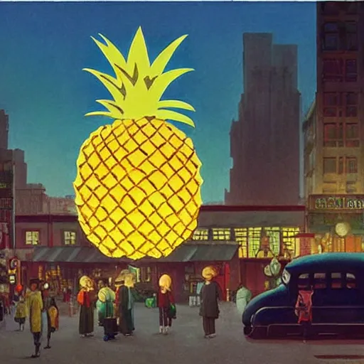 Prompt: A mysterious glowing pineapple shines above a city square, dieselpunk, by Studio Ghibli and Edward Hopper