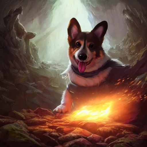 Prompt: Corgi, Anthropomorphized, casting epic spell, magic the gathering artwork, D&D, fantasy, cinematic lighting, centered, symmetrical, highly detailed, digital painting, artstation, concept art, smooth, sharp focus, illustration, volumetric lighting, epic Composition, 8k, art by Akihiko Yoshida and Greg Rutkowski and Craig Mullins, heroic pose, oil painting, cgsociety, magic lab background