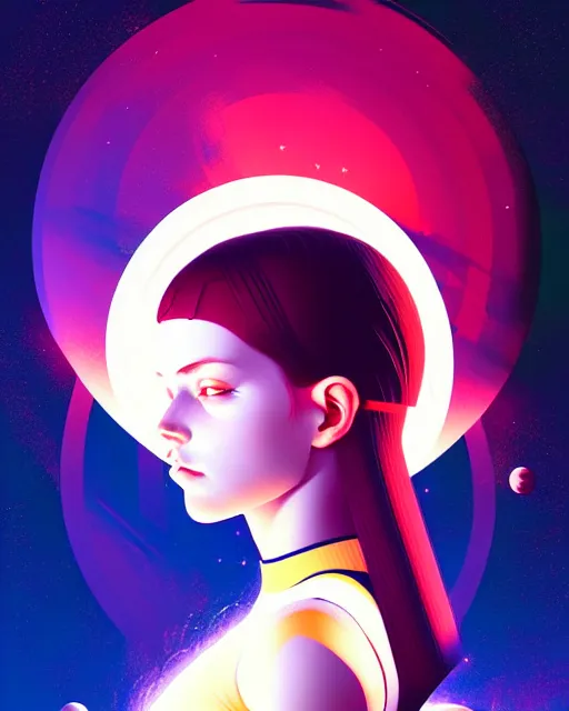 Image similar to girl in space, floating beside planets, symmetrical face and body, symmetrical composition, dynamic wavey hair, detailed designs, digital painting, 4 k, by ilya kuvshinov, by greg rutkowski, atmospheric lighting