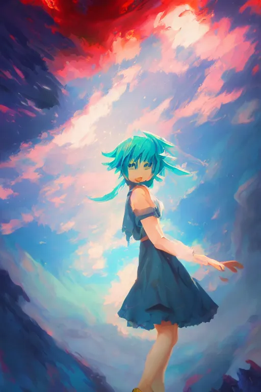 Prompt: cirno from touhou, by ross tran, background by alena aenami and by greg rutkowski, oil on canvas