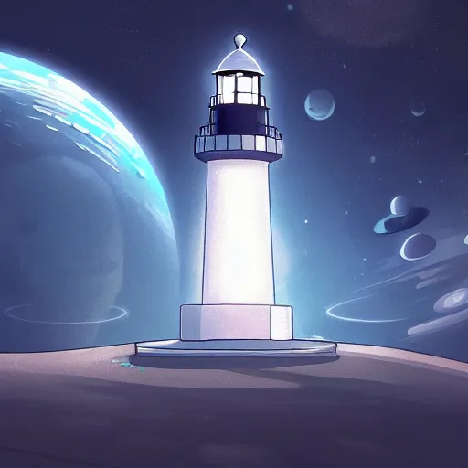 Image similar to lighthouse in space, digital art, artstation, devinart, light colors,