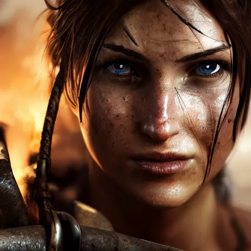 Image similar to Lara croft as blacksmith, wet face , dirty face ,heavy rain ,dramatic, intricate, highly detailed, concept art, smooth, sharp focus, illustration, Unreal Engine 5, 8K
