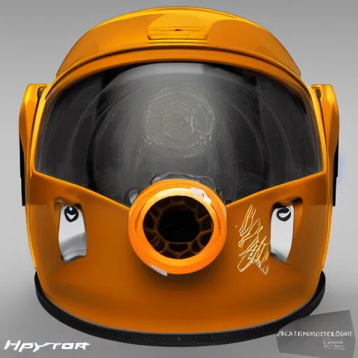 Prompt: hyper detailed boxcutter hard surface modelling rear view of yellow orange and gold astronaut helmet, arstation, cables wires decals