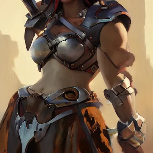 Image similar to greg manchess portrait painting of partially armored female kratos as overwatch character, medium shot, asymmetrical, profile picture, organic painting, sunny day, matte painting, bold shapes, hard edges, street art, trending on artstation, by huang guangjian, gil elvgren, ruan jia, greg rutkowski, gaston bussiere