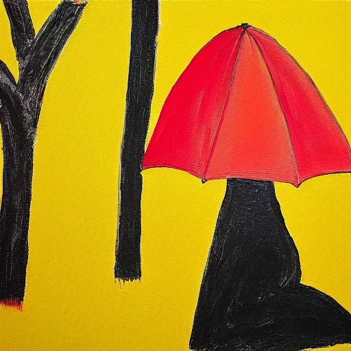 Image similar to a painting of a person holding a yellow and red umbrella, a cave painting by etel adnan, reddit contest winner, metaphysical painting, childs drawing, wimmelbilder, apocalypse art