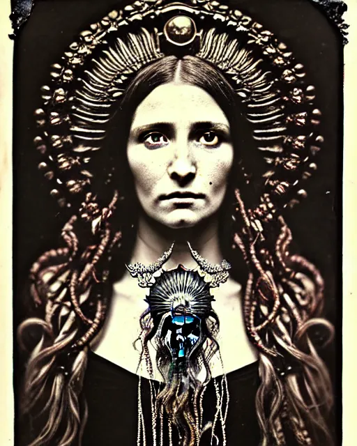 Image similar to daguerreotype hyperrealistic detailed face side portrait of the beautiful cthulhu priestess adorned with curse jewels and ceremonial robes, tintype art by ernst haeckel, john william godward, android jones, alphonso mucha, h. r. giger, gothic - cyberpunk, ornamental, black and white, ambrotype