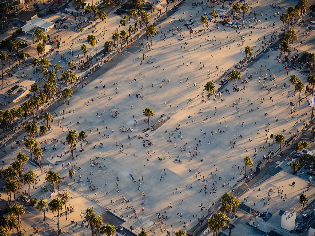 Image similar to “A ariel view 28mm photo of the venice beach skate park at sunset, national geographic photo, majestic”