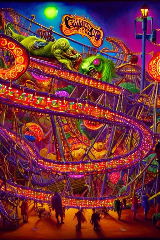 Image similar to a hyperrealistic detailed painting of an ornate carnival with glowing lights, colorful, chimeric mutant horror creatures riding a rollercoaster. scary funhouse, cinematic lighting, depth perspective, depth of field, cinematic angle, by chris cunningham and richard corben, highly detailed, vivid color,