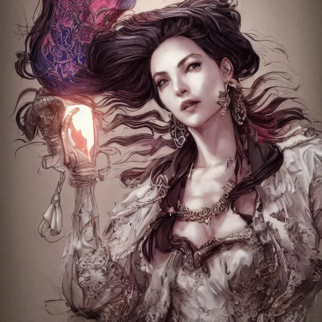 Image similar to the portrait of the lawful evil sorceress lawyer as an absurdly beautiful, jaded, elegant, sophisticated, woman, an ultrafine hyperdetailed illustration by kim jung gi, irakli nadar, intricate linework, bright colors, octopath traveler, final fantasy, unreal engine 5 highly rendered, global illumination, radiant light, detailed and intricate environment