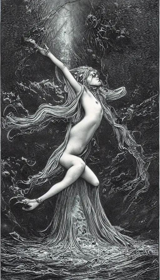 Image similar to a pentax photo of a cerulean sea witch, dark fantasy horror art, by gustave dore