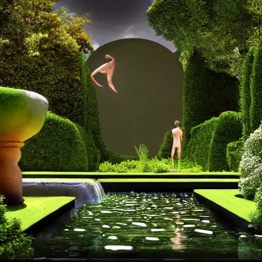 Image similar to hyperrealism photography computer simulation visualisation of parallel universe detailed bath in the detailed garden in dramatic scene from art house futuristic movie by caravaggio and alejandro jodorowsky