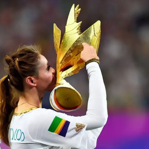 Prompt: Unicorns holding the World Cup Trophy