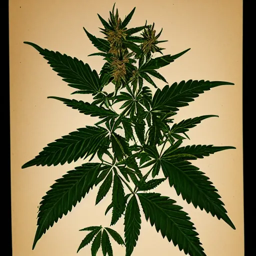 Image similar to marijuana plant in the style of a 1 9 th century botanical illustration