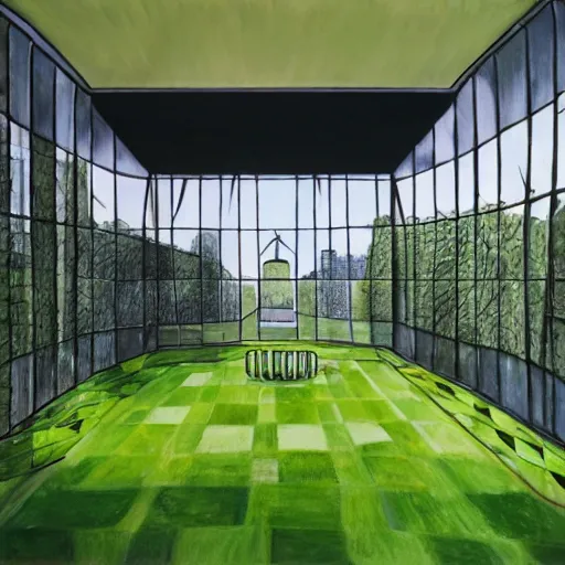 Image similar to a large room with a green lawn in the middle of it, a cubist painting by gilberto soren zaragoza, cg society, modernism, symmetrical, cubism, windows vista