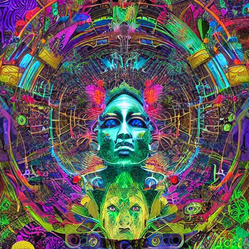 Image similar to techno earth plaza with a divine jungle of deities and peoples living together in harmony created by android jones, vector painted by pablo amaringo