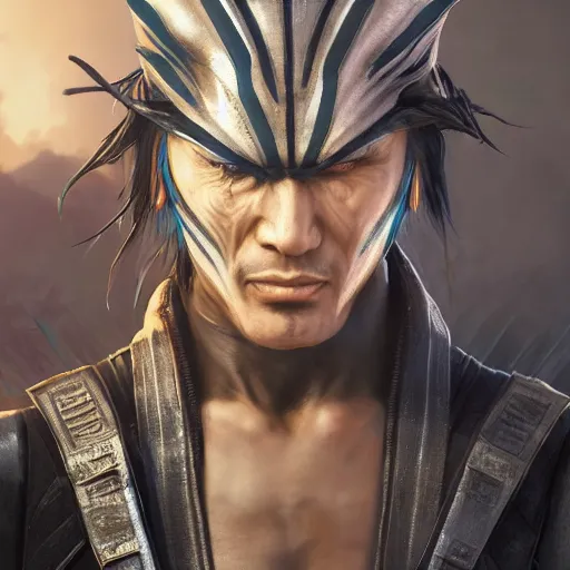 Image similar to highly detailed hybrid of raiden from mortal kombat, and raiden from metal gear solid. vfx portrait, stephen bliss, unreal engine, greg rutkowski, loish, rhads, beeple, makoto shinkai and lois van baarle, ilya kuvshinov, rossdraws, tom bagshaw, alphonse mucha, global illumination, detailed and intricate environment