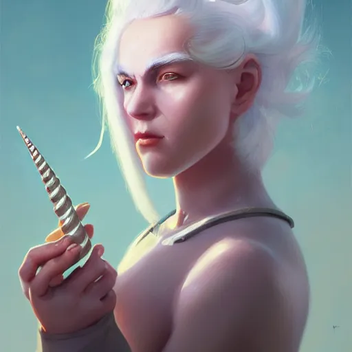 Image similar to a girl with lush white hair and a unicorn horn on head, portrait, rim light, vintage, highly detailed, oil painting, digital illustration, concept art, smooth, sharp focus, pleasing aesthetics, josan gonzalez, ralph mcquarrie