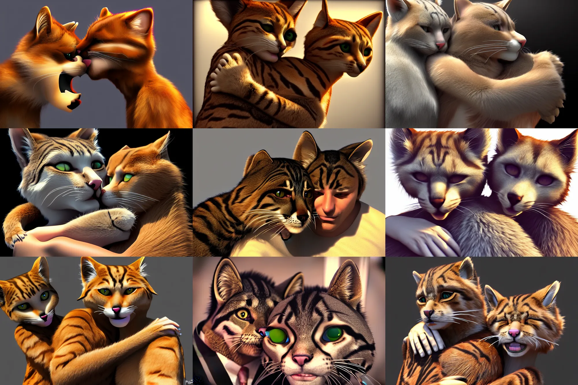 Prompt: photorealistic : hugged by feline furry man fursona, dmt, ue 5, furry fandom, raytracing, trending on weasyl