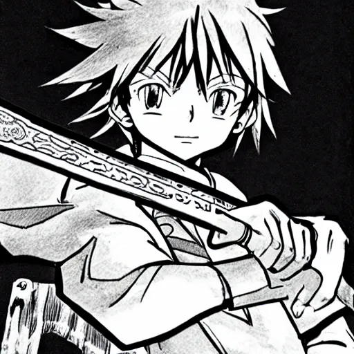 Image similar to young anime hero with a sword, illustrated by mato and ken sugimori, manga, black and white illustration