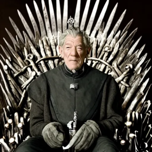 Image similar to a tv still of ian mckellen, as a king wearing an over - sized crown, sitting on the iron throne