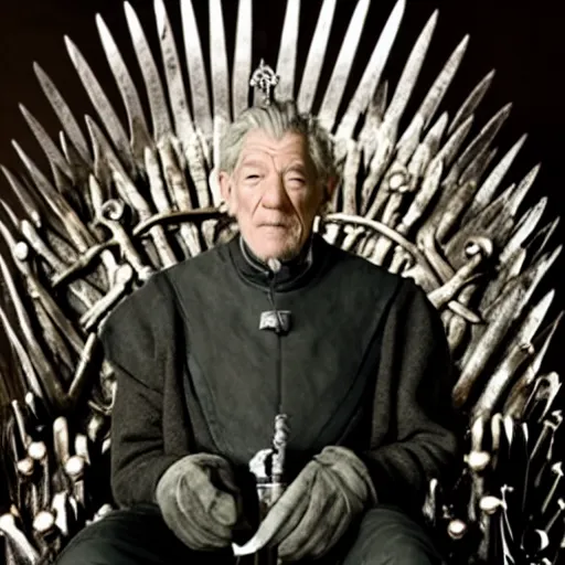 Prompt: a tv still of ian mckellen, as a king wearing an over - sized crown, sitting on the iron throne