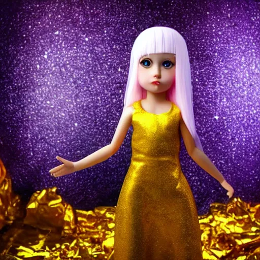 Image similar to a girl with silver-violet hair, white eyes and a golden shiny dress against the backdrop of a nuclear explosion, wide lens, diorama, 4k,