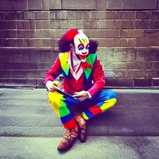 Prompt: “a clown mad and texting on his phone”