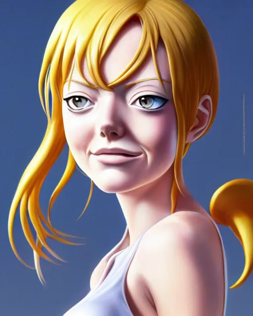 Image similar to emma stone as nami from one piece, simple cream dress, detailed perfect face, mid view, by artgerm, by studio muti, greg rutkowski makoto shinkai takashi takeuchi studio ghibli